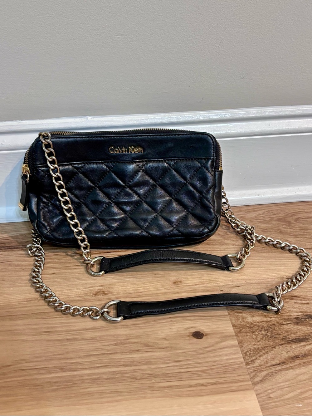 Calvin Klein Black Quilted Leather Crossbody with Gold Chain